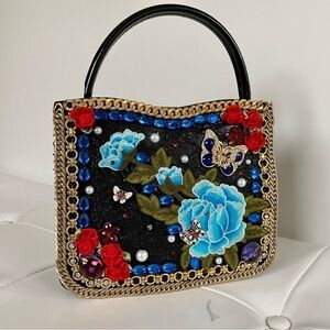 Embellished Floral Black Shoulder Bag